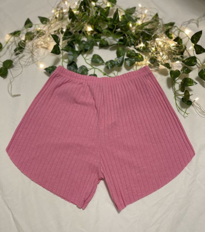 %100 Pamuk Kadın Fitilli Çizgili İnce Şort MF.Pembe - M