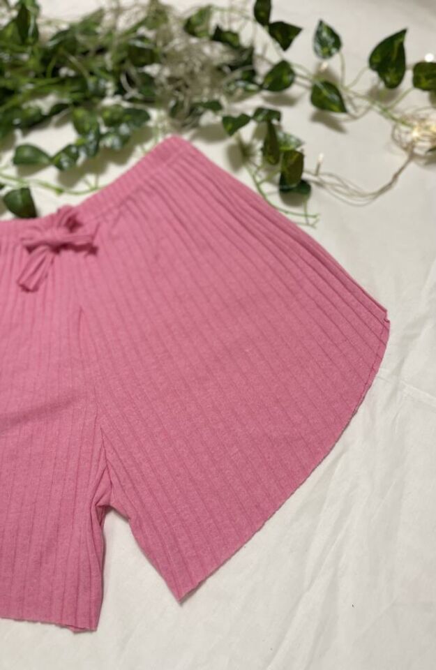 %100 Pamuk Kadın Fitilli Çizgili İnce Şort MF.Pembe - M