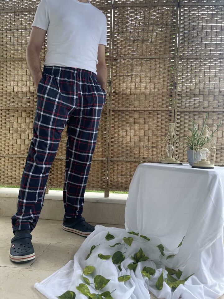 Betimoda %100 Pamuk Kareli Beli Lastikli Cepli Erkek Pijama Altı Lacivert Kareli - M