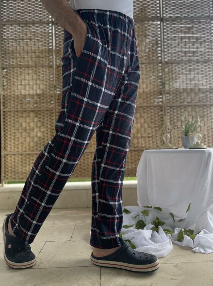 Betimoda %100 Pamuk Kareli Beli Lastikli Cepli Erkek Pijama Altı Lacivert Kareli - M