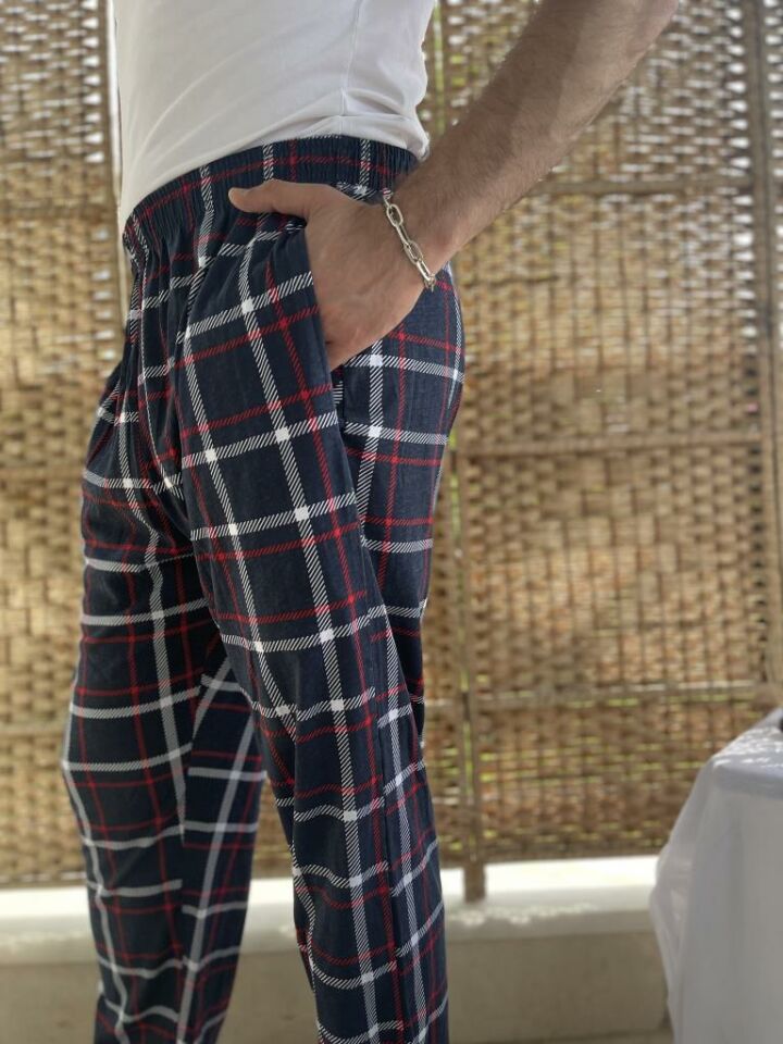 Betimoda %100 Pamuk Kareli Beli Lastikli Cepli Erkek Pijama Altı Lacivert Kareli - M