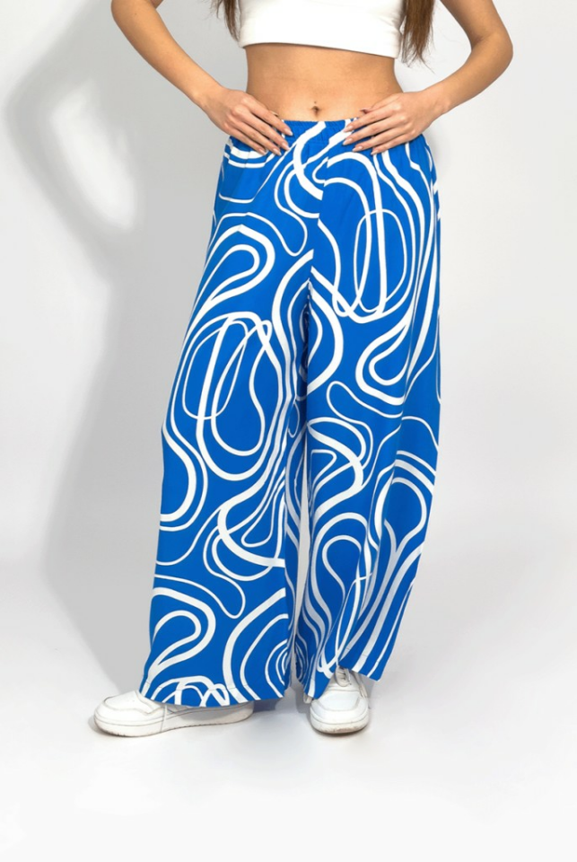 Kadın Dokuma Viskon Desenli Cepli Bol Kesim Oversize Palazzo Pantolon L