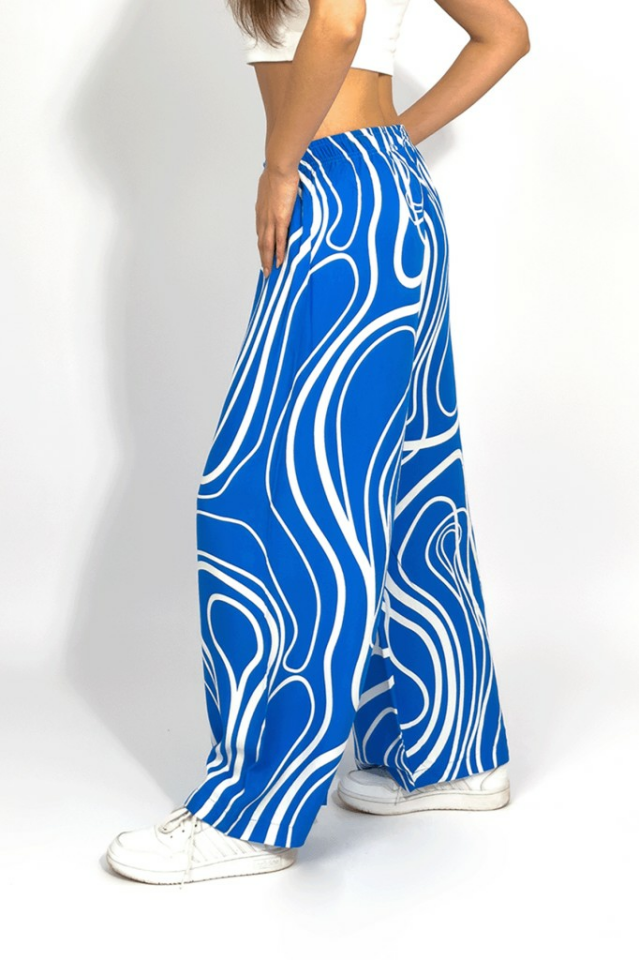 Kadın Dokuma Viskon Desenli Cepli Bol Kesim Oversize Palazzo Pantolon L