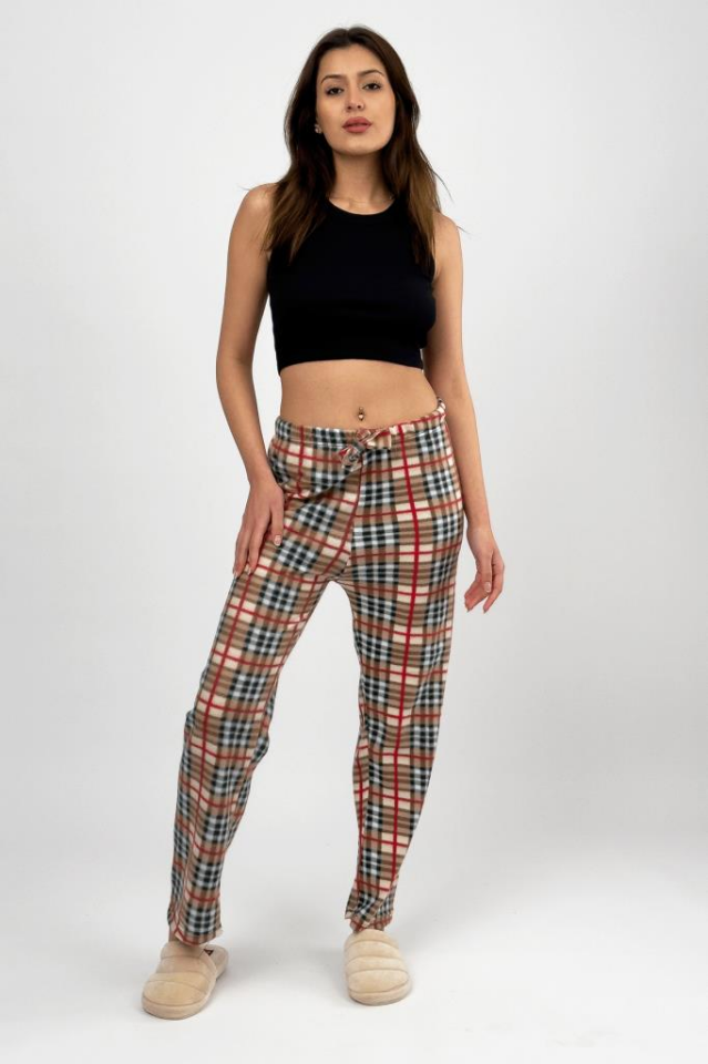 Kadın Polar Pijama Altı Kışlık Lastikli Bel Tek Alt Bej Kare - S