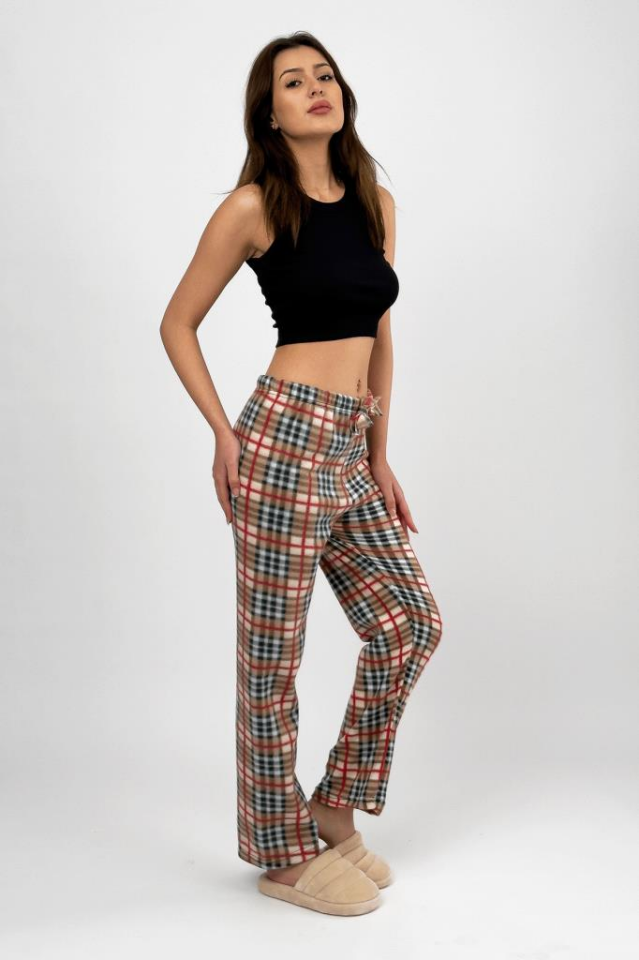 Kadın Polar Pijama Altı Kışlık Lastikli Bel Tek Alt Bej Kare - S