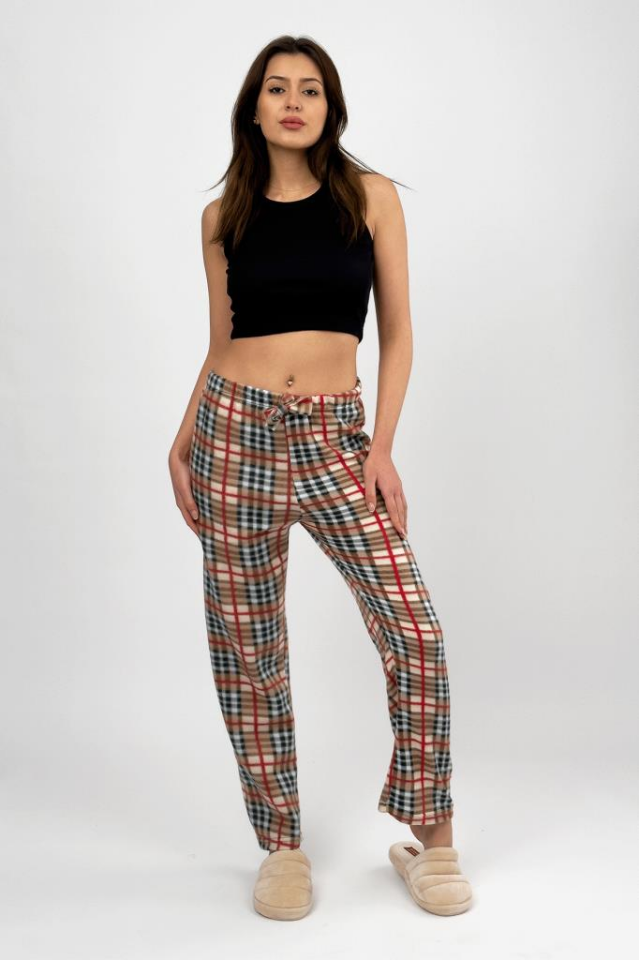 Kadın Polar Pijama Altı Kışlık Lastikli Bel Tek Alt Bej Kare - S