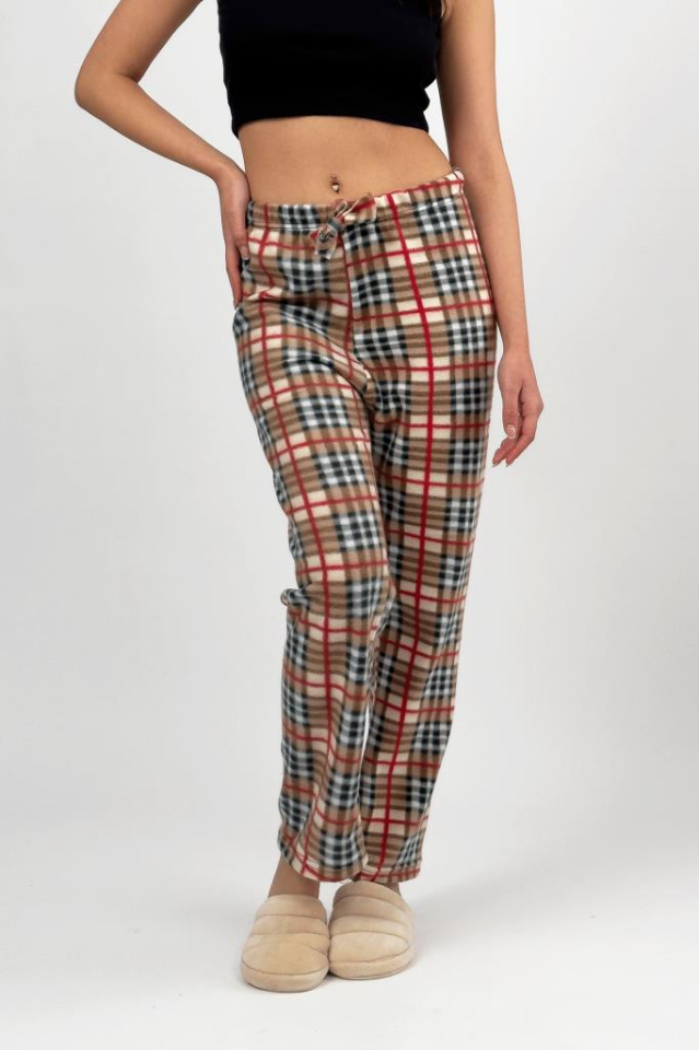 Kadın Polar Pijama Altı Kışlık Lastikli Bel Tek Alt Bej Kare - S