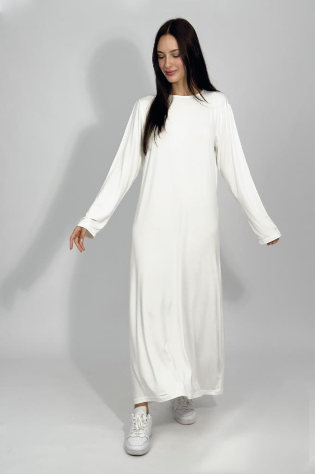 Kadın Yazlık Uzun Kollu Viskon Midi Boy Bisiklet Yaka Elbise EKRU - L/XL
