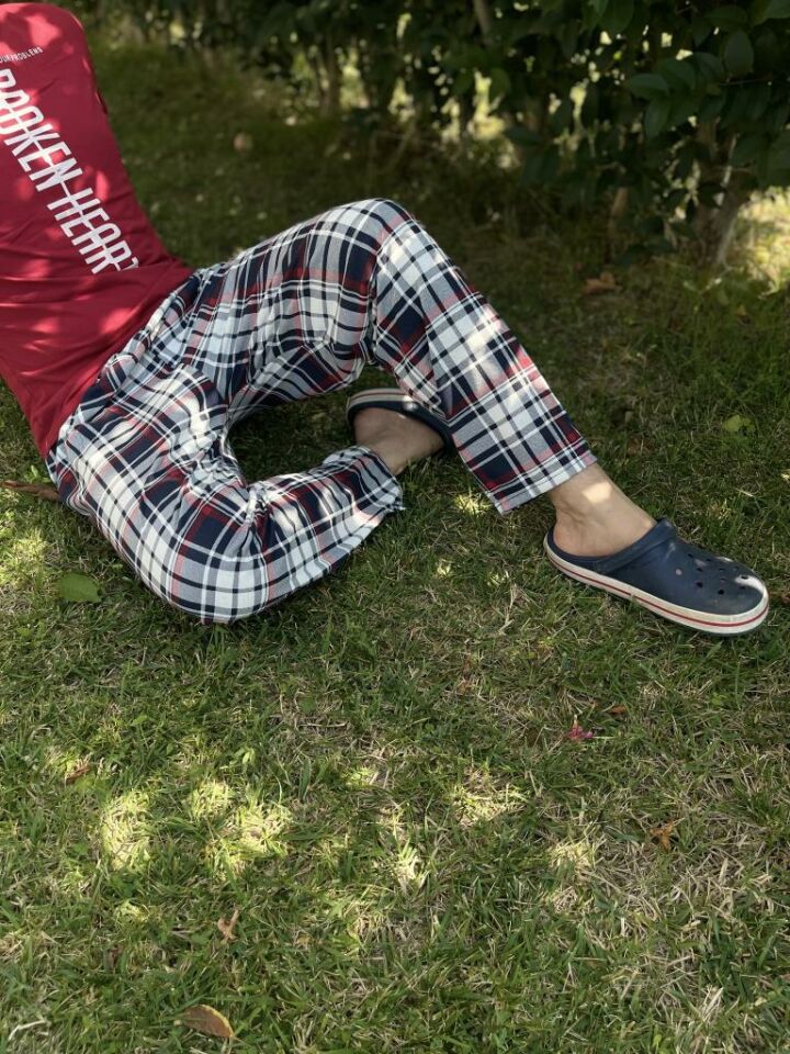 Erkek %100 Pamuk Cepsiz Beli Lastikli Pijama Altı Eşofman Bordo Lacivert Kare - L