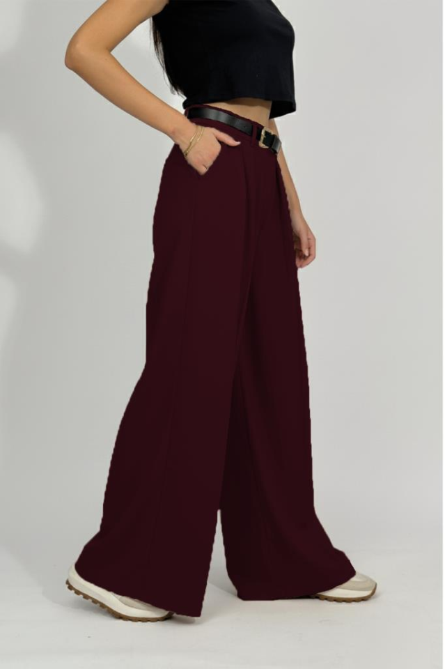 Kadın Pilili Cepli Kemerli Palazzo Pantolon BORDO - L