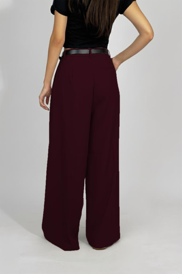 Kadın Pilili Cepli Kemerli Palazzo Pantolon BORDO - L