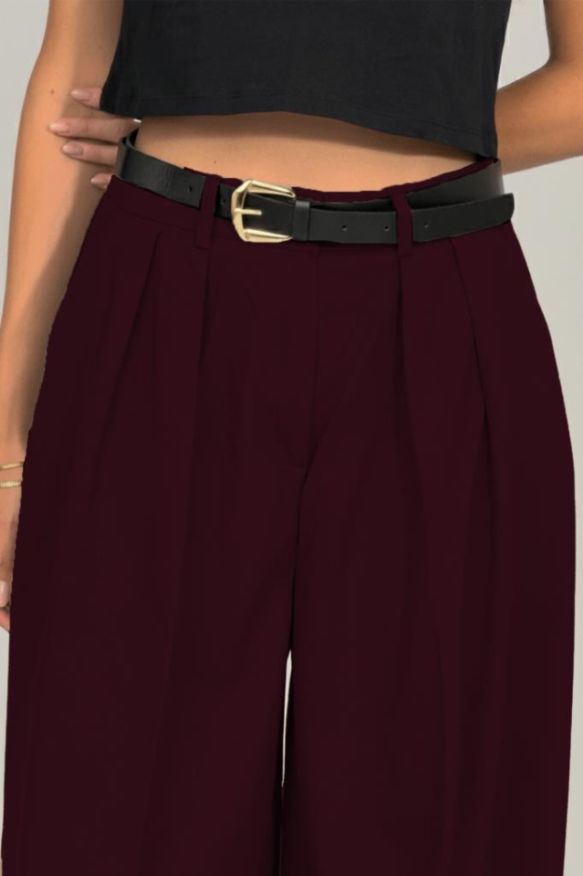 Kadın Pilili Cepli Kemerli Palazzo Pantolon BORDO - L