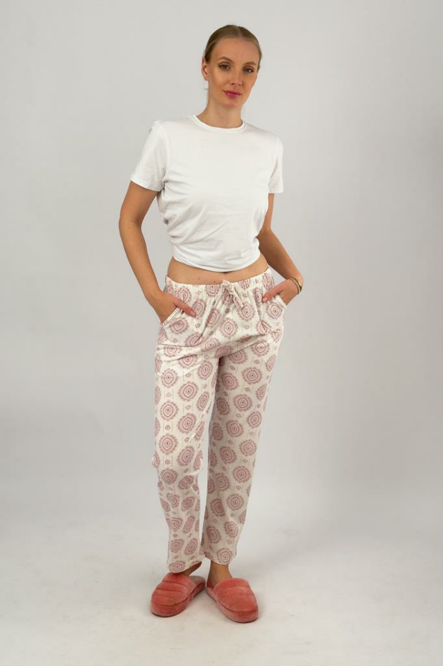 Kadın Cepli Pamuklu Lastikli Bel Kurdeleli Desenli Pijama Altı Bordo Şal - 3XL