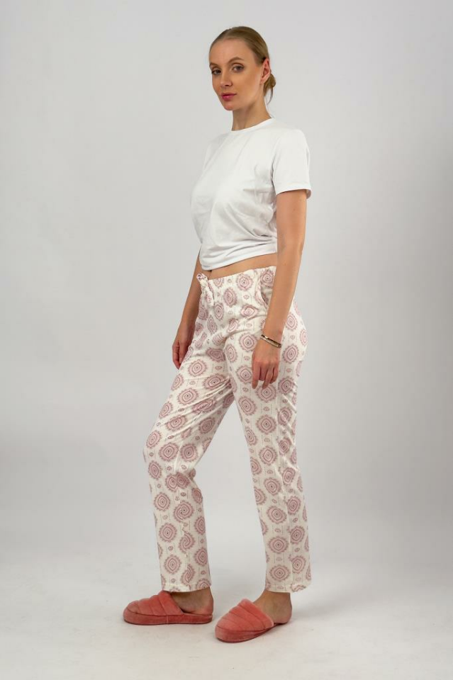 Kadın Cepli Pamuklu Lastikli Bel Kurdeleli Desenli Pijama Altı Bordo Şal - 3XL