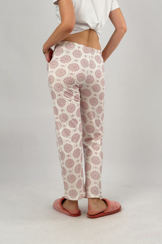 Kadın Cepli Pamuklu Lastikli Bel Kurdeleli Desenli Pijama Altı Bordo Şal - 3XL