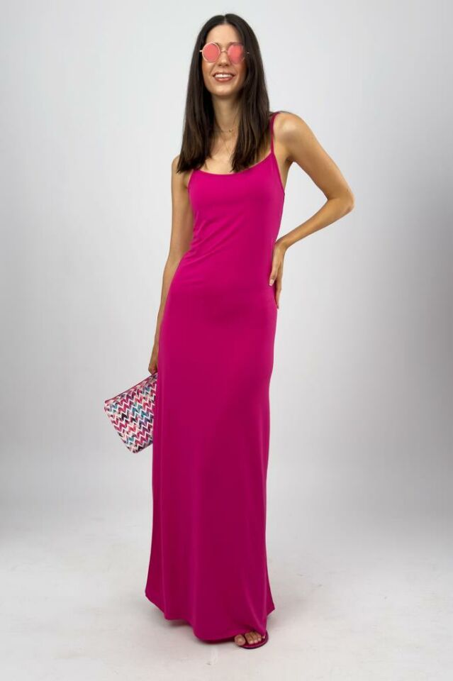 Kadın Maxi Sandy Kumaş İp Askılı Düz Renk Fitted/Vücuda Oturan Dar Esnek Rahat Saran Uzun Elbise PEMBE - 3XL