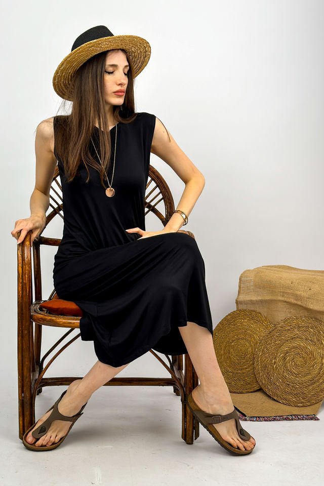 Kadın Penye  Uzun Tunik Elbise Sıfır Kol Bisiklet Yaka SİYAH - L/XL