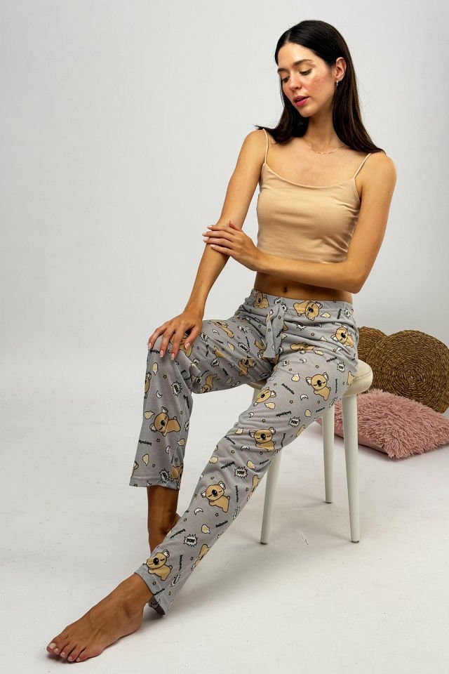 Kadın %100 Pamuk Nefes Alan Kumaş Lastikli Bel Desenli Baskılı Pijama Altı XXL - Gri Koala