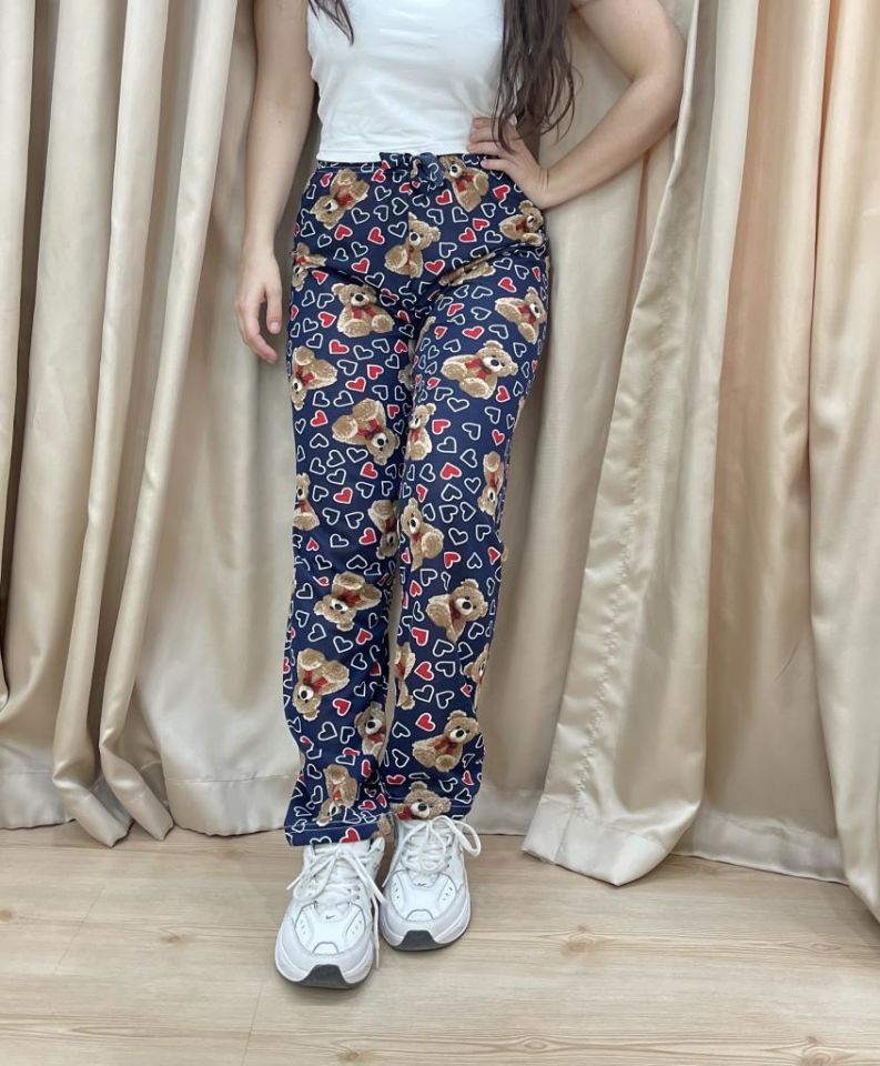 Kadın %100 Pamuk Nefes Alan Kumaş Lastikli Bel Desenli Baskılı Pijama Altı S - Lacivert Ayı Kalp