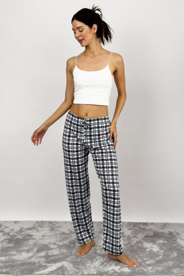 Kadın Pamuklu Ekose Desenli Pijama Altı Eşofman Kurdeleli Süp Laci Beyaz - XL