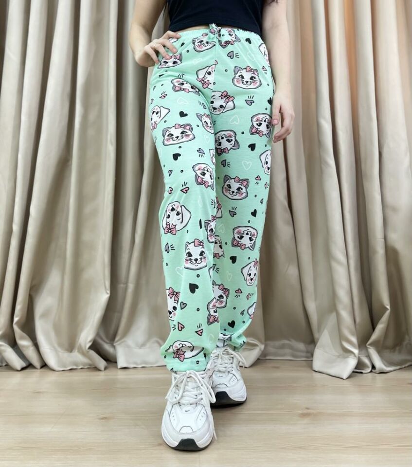 Kadın %100 Pamuk Nefes Alan Kumaş Lastikli Bel Desenli Baskılı Pijama Altı XXL - Mint Kalp