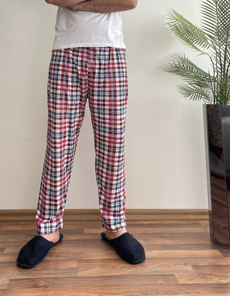 Erkek %100 Pamuk Cepsiz Beli Lastikli Pijama Altı Eşofman M - Beyaz Kare