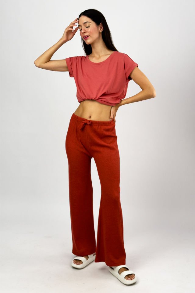 Kadın Lastikli Bel Dökümlü Yumuşak Palazzo Pantolon Waffle Kumaş Kiremit - L