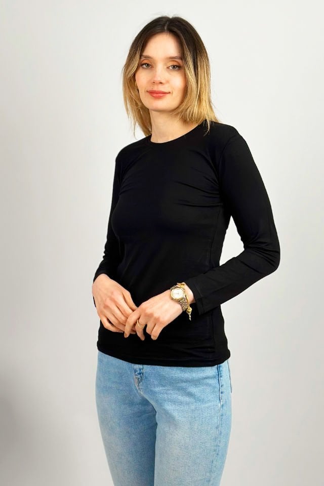 Kadın Uzun Kollu Bisiklet Yaka Body 1 Adet SİYAH - L/XL