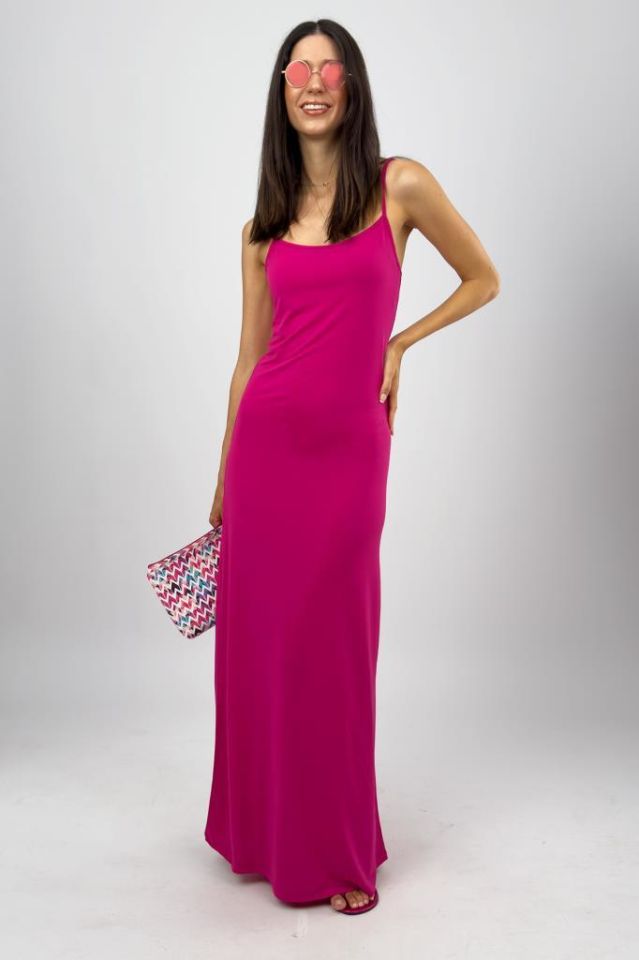 Kadın Maxi Sandy Kumaş İp Askılı Düz Renk Fitted/Vücuda Oturan Dar Esnek Rahat Saran Uzun Elbise PEMBE - 2XL
