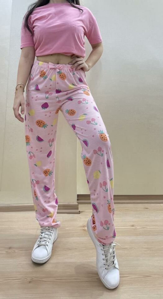 Kadın Lastikli Bel %100 Pamuk Kurdeleli Desenli Pijama Altı XXL - Pembe Karpuz