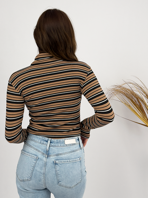 Kadın Peluş Uzun Kollu Yarım Balıkçı Yaka Body 1 Adet Hardal Beyaz Çizgili - S/M