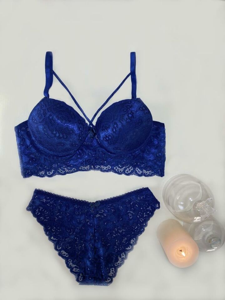 Kadın Dantelli Desteksiz Bralet Sütyen Takım LACİVERT - 85